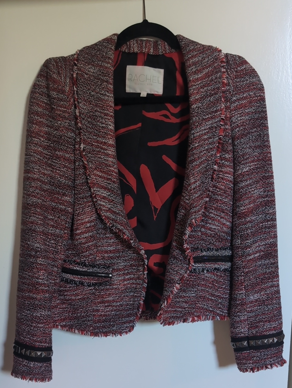 Rachel Roy Red and Black Tweed Fringe-Trim Studded Blazer
